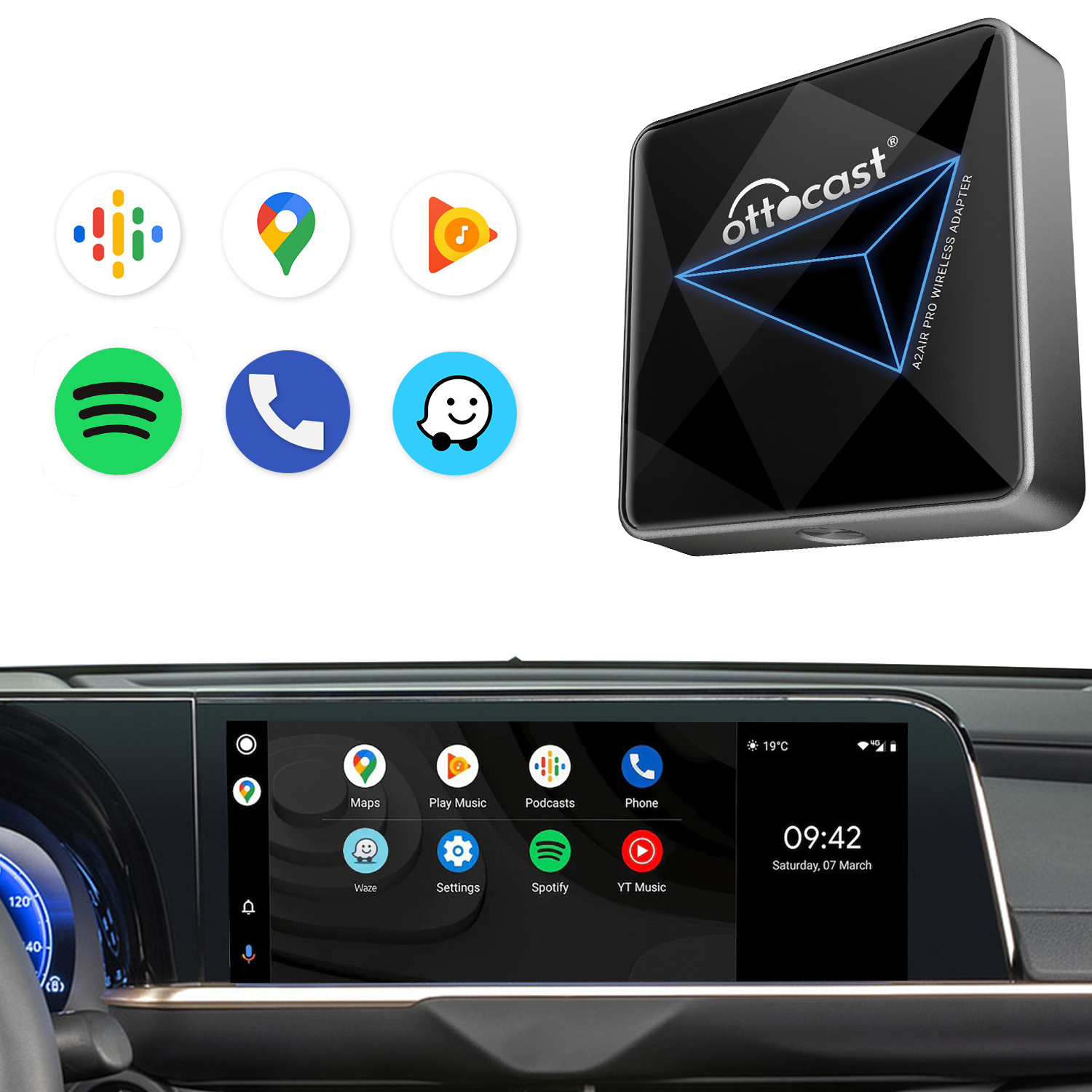 Ottocast Latest wireless android auto A2AIR PRO smart appl carplay ai box wireless Android auto adapter