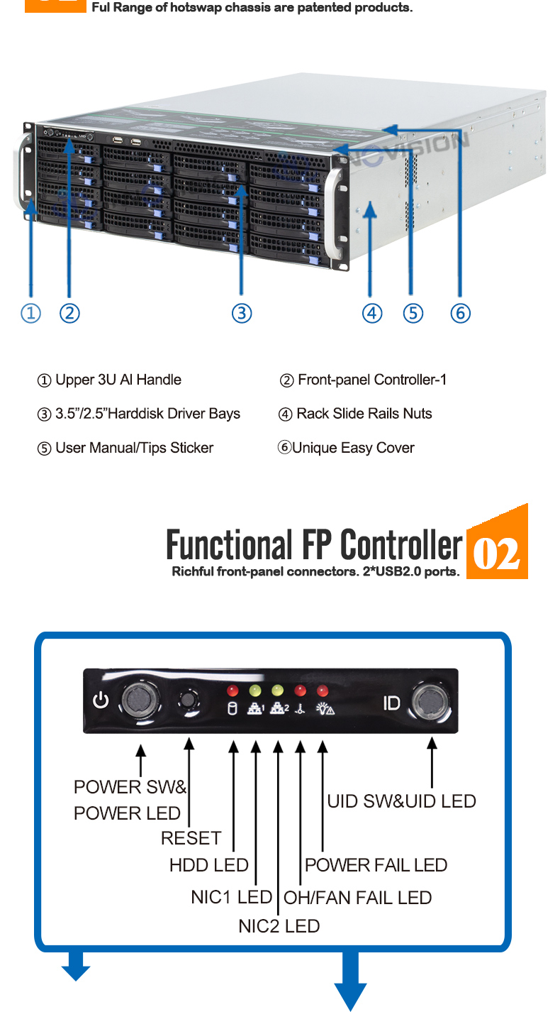 3U 16 bays hot swap rackmount server storage chassis L560mm