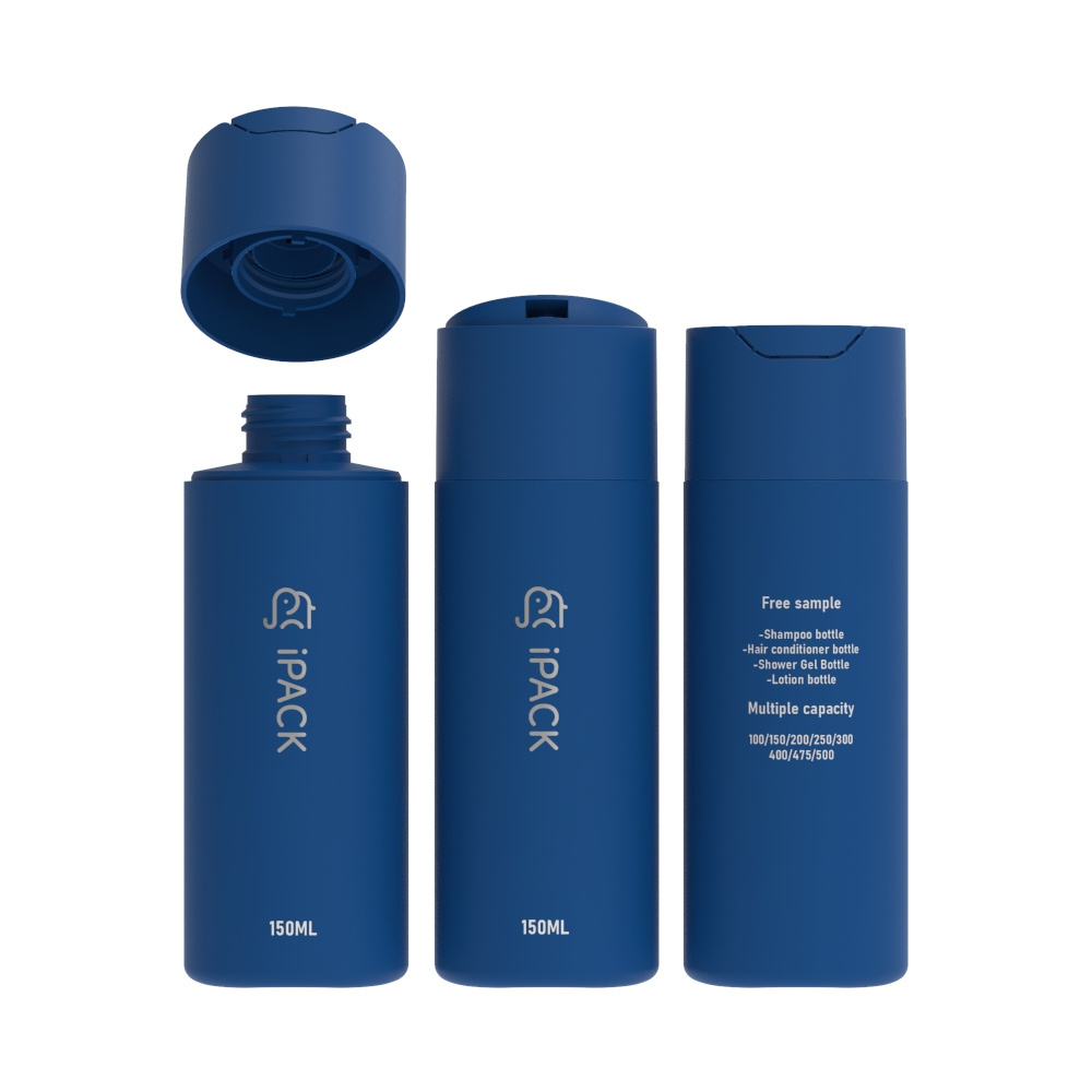 Round Custom HDPE Soft Touch Blue Shower Gel Packaging 150ml Squeeze Lotion Shampoo Plastic Disc Cap Bottle