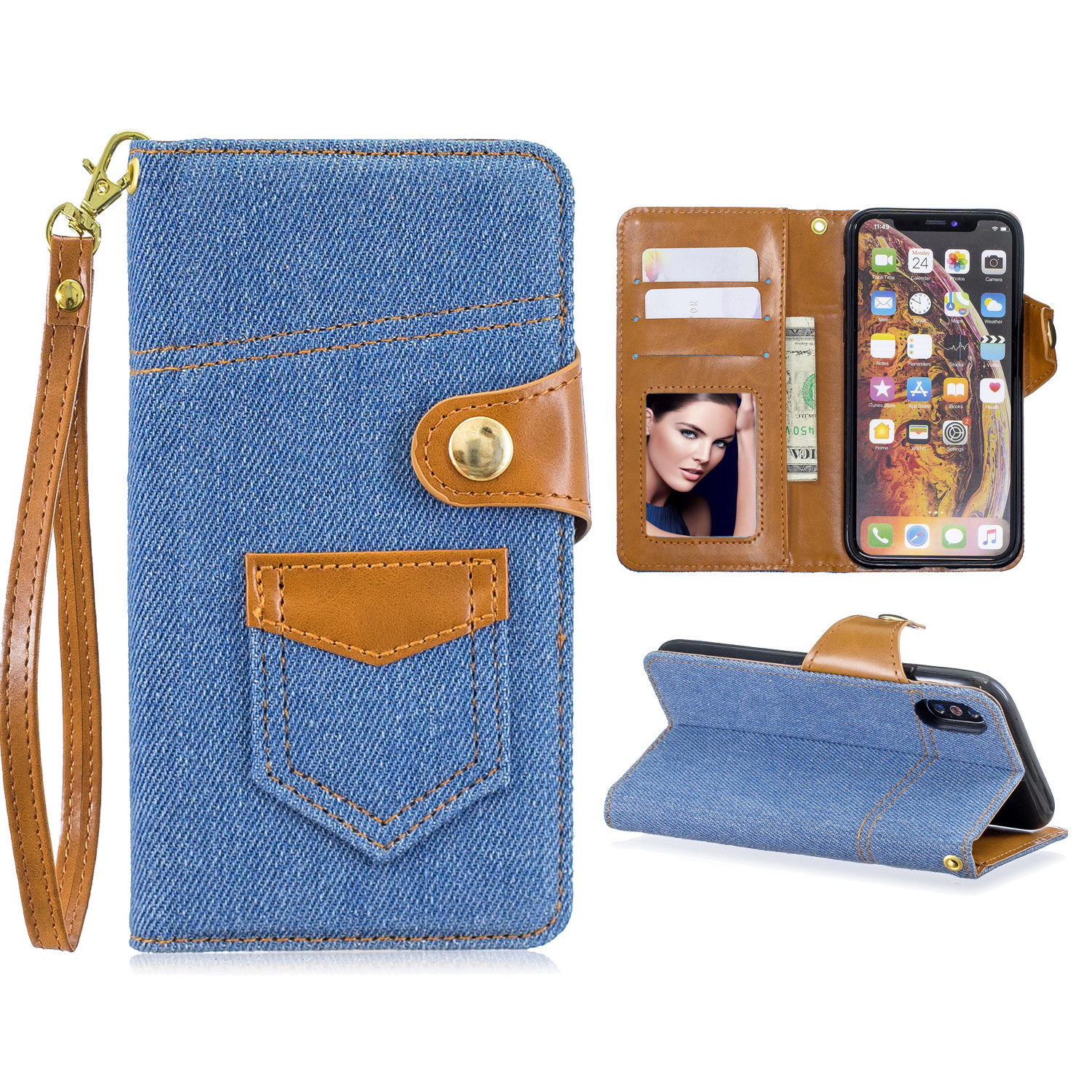 Factory Private Mould Jeans Pocket Wallet Phone Case With Strap For Iphone 15 14 13 12 Pro Max Hard PC Mobile Phone Case Cover