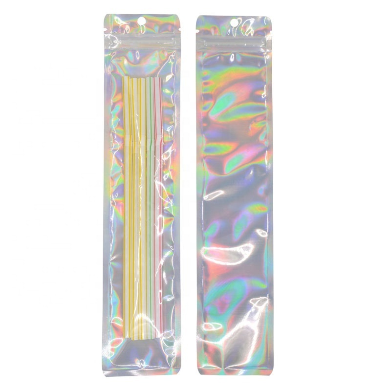 Low MOQ 500pcs 3 side seal zipper holographic foil hologram packaging bags for makeup brush