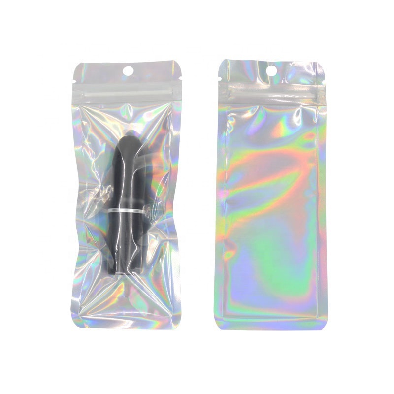 Low MOQ 500pcs 3 side seal zipper holographic foil hologram packaging bags for makeup brush