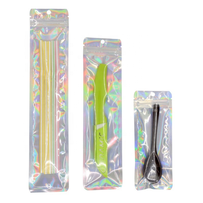 Low MOQ 500pcs 3 side seal zipper holographic foil hologram packaging bags for makeup brush