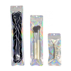 Low MOQ 500pcs 3 side seal zipper holographic foil hologram packaging bags for makeup brush