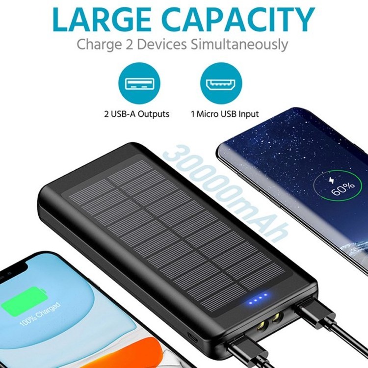 30000mAh Outdoor Waterproof Battery bank With LED light Solar Panel Power Bank Phone Case