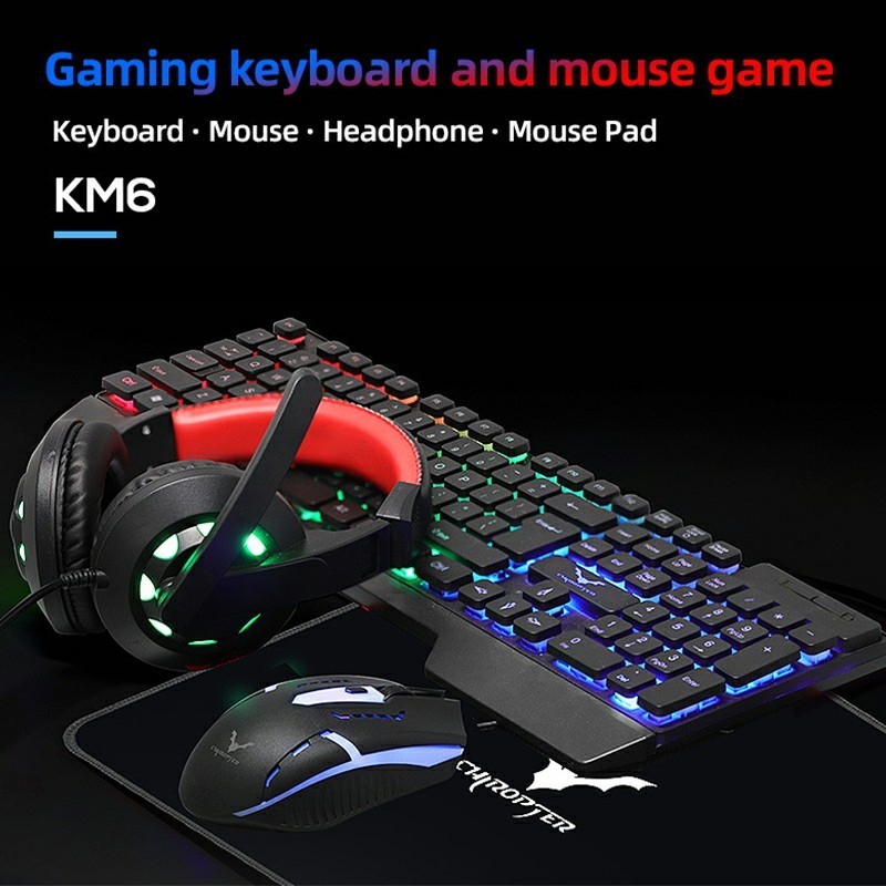 KM6 Gaming Keyboard Mouse Headset & Mouse Pad Kit LED Backlit Over Ear Headphone with Mic