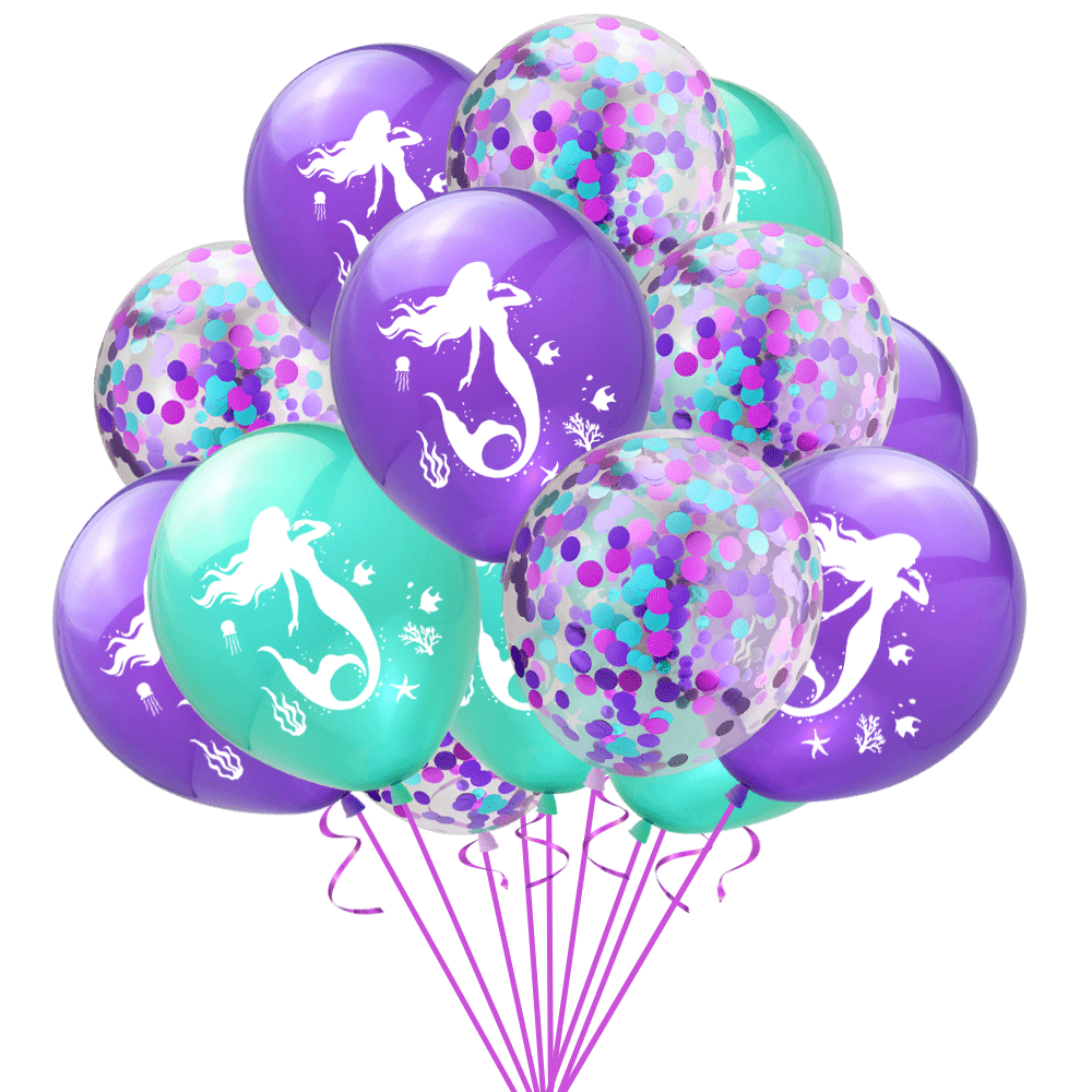 Mermaid Themed Birthday Decorations Happy Birthday Banner Green Purple Confetti Balloons Cup Cakes Toppers