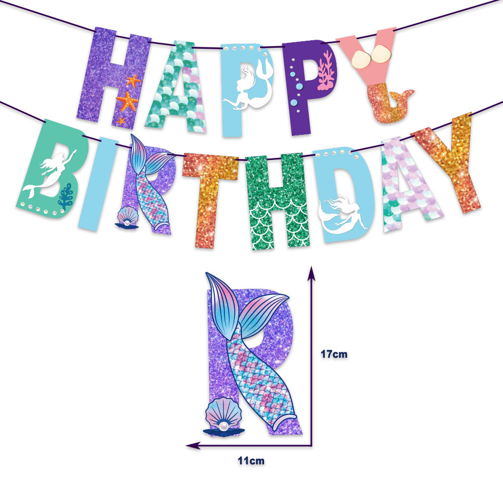 Mermaid Themed Birthday Decorations Happy Birthday Banner Green Purple Confetti Balloons Cup Cakes Toppers