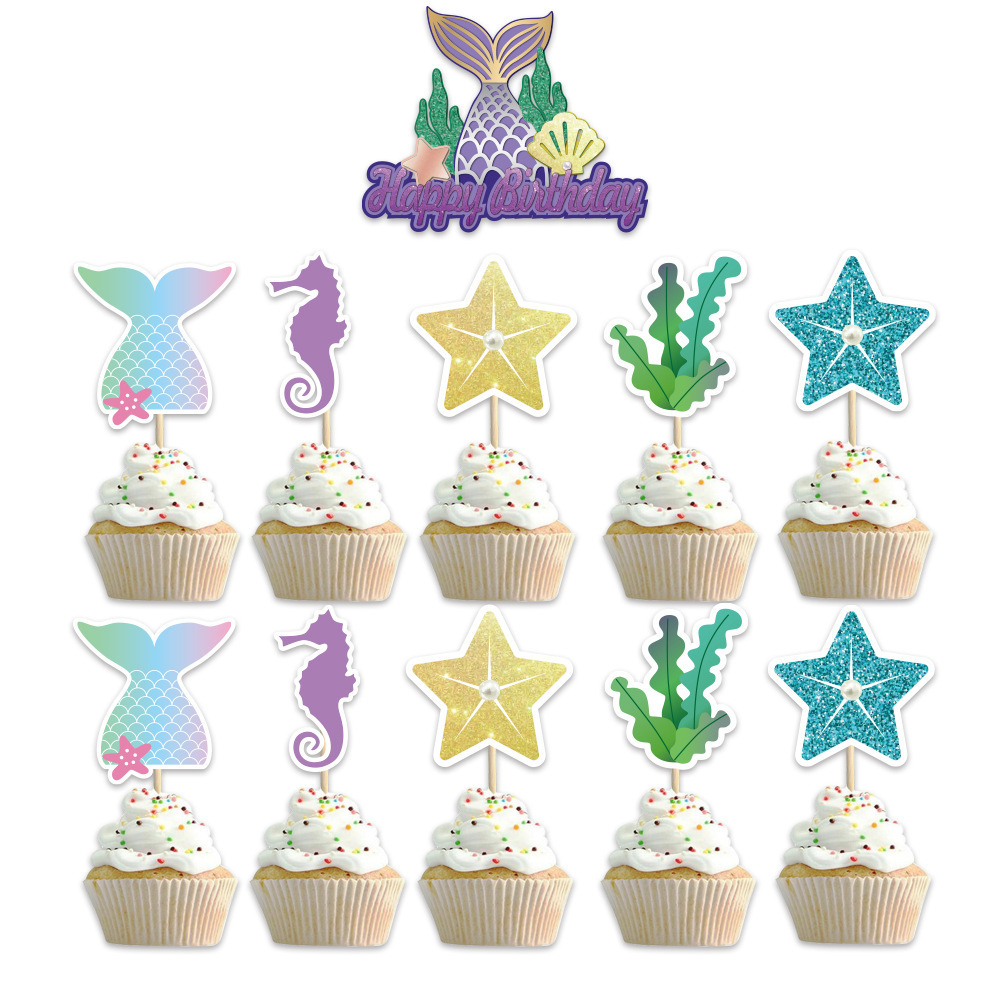 Mermaid Themed Birthday Decorations Happy Birthday Banner Green Purple Confetti Balloons Cup Cakes Toppers