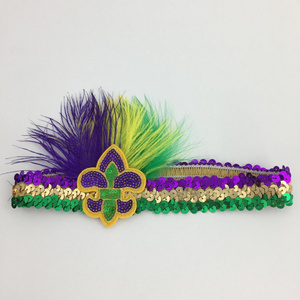 New Premium 2022 Fleur De Lis Applique Feathered Mardi Gras Sequin Headband