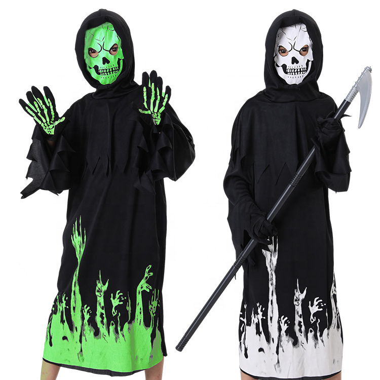 Kids Halloween Glow in the Dark Ghost Cosplay Costume Grim Reaper Robe Vampire Party Accessories