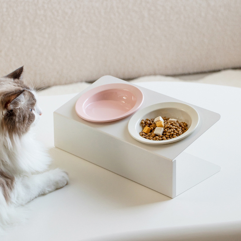 Pet products cat ceramic tilted food bowl with iron stand dog drinking bowl double elevated raised ceramic bowl with metal stand