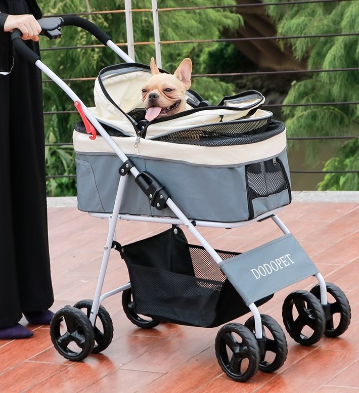 Customized foldable designer pet dog stroller manufacturer 4 wheels pet detachable double carrier stroller for dogs and cats