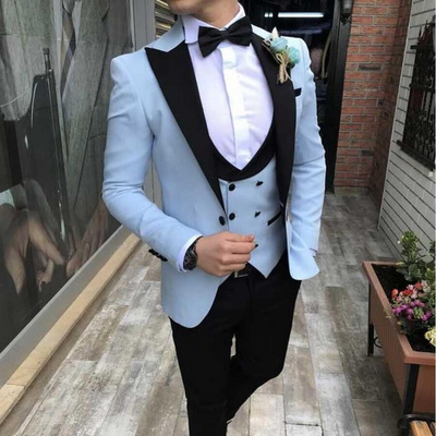 Notch Lapel Men Wedding Suit Business Clothing Bespoke Made 2021 Full Canvas Plus Size All-year Man Suits Wool / Silk Light Blue