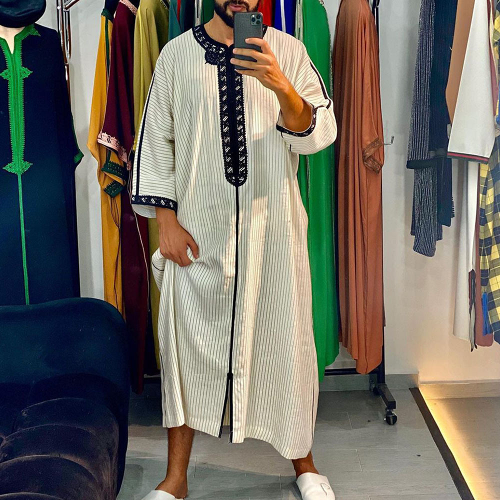 African Ethnic Men's Long Embroidered Casual  Striped Shirt moroccan hommes Abaya Men Muslim Thobe