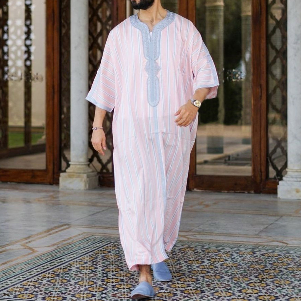 Moroccan Islamic Clothing youth men muslim pink cotton casual loose thin shirt daffah abaya thobes