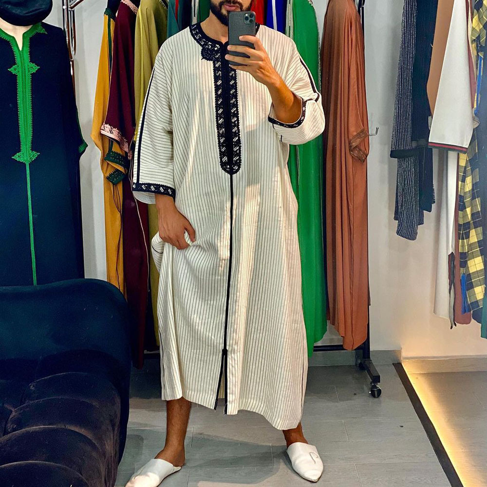 African Ethnic Men's Long Embroidered Casual  Striped Shirt moroccan hommes Abaya Men Muslim Thobe