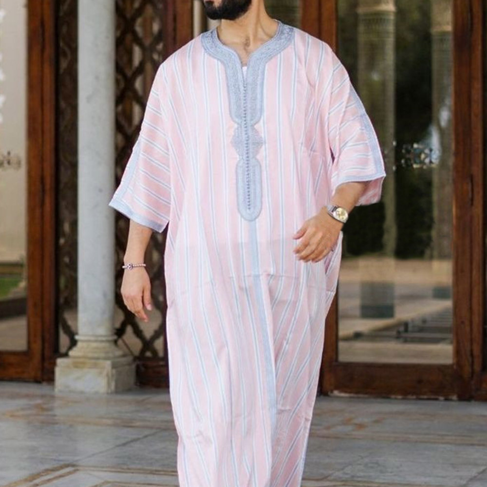 Moroccan Islamic Clothing youth men muslim pink cotton casual loose thin shirt daffah abaya thobes