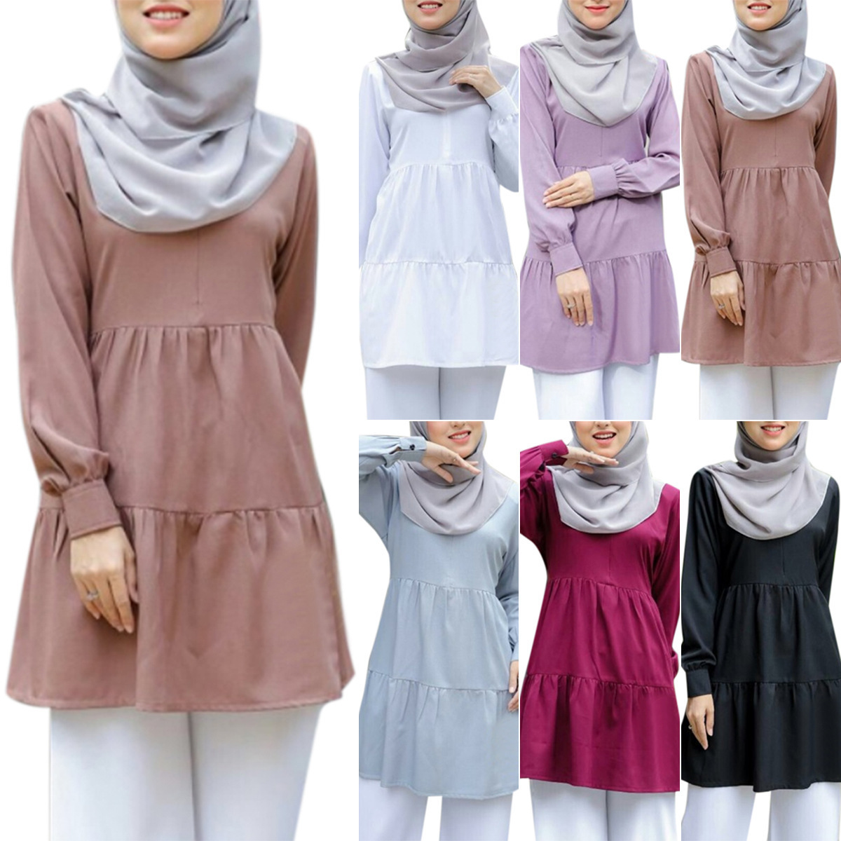 Turkish Islamic Clothing Wholesale Tops for Muslim Women Modest Blouses & Shirts Full Casual Woven Long Adults Crew Neck Solid