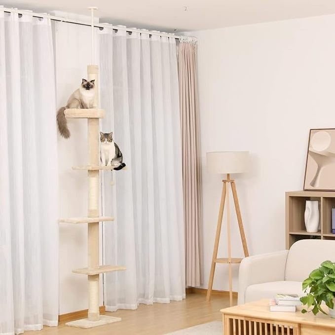 Cat Tower 5-Tier Floor to Ceiling Cat Tree Height Adjustable Tall Climbing Tree Featuring with Scratching Post