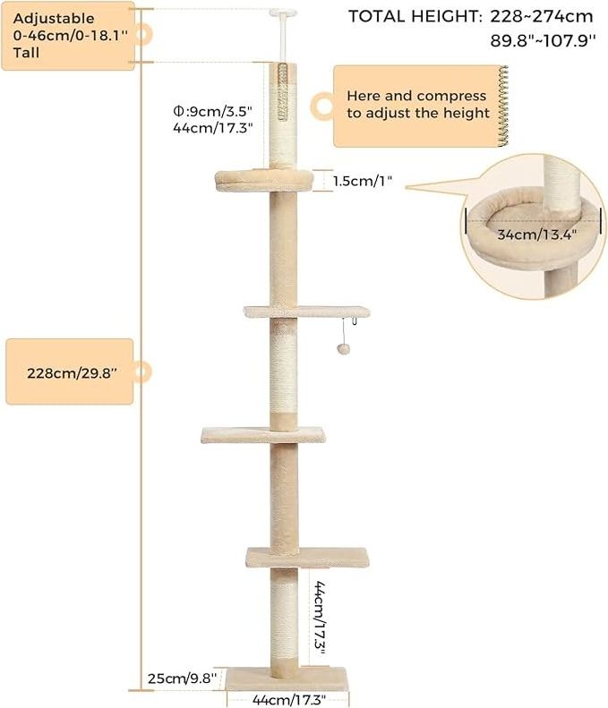 Cat Tower 5-Tier Floor to Ceiling Cat Tree Height Adjustable Tall Climbing Tree Featuring with Scratching Post