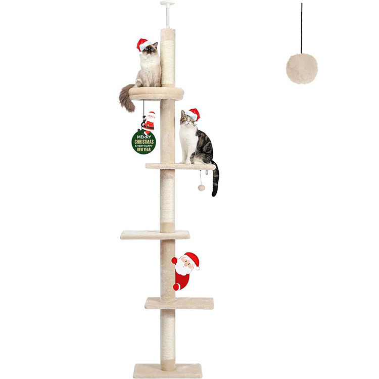 Cat Tower 5-Tier Floor to Ceiling Cat Tree Height Adjustable Tall Climbing Tree Featuring with Scratching Post