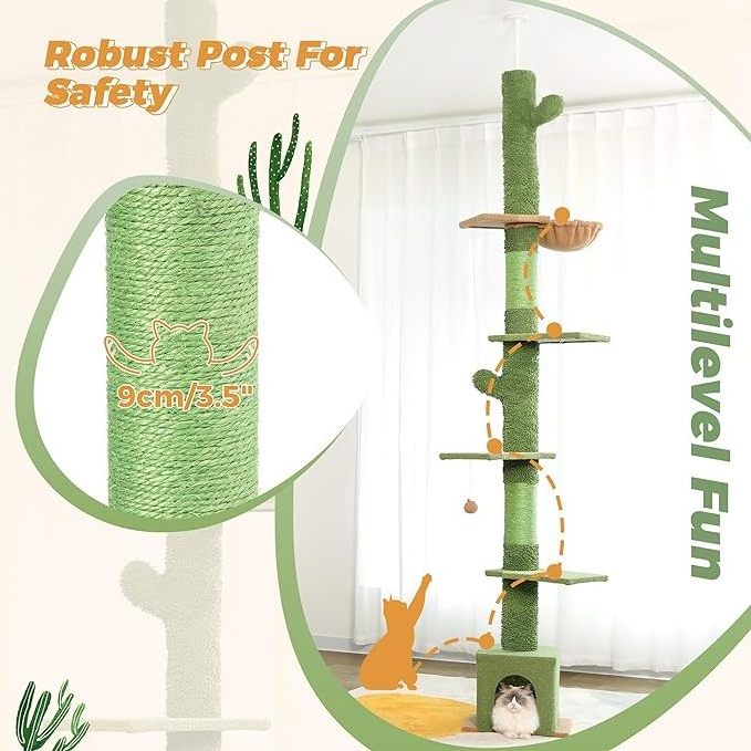 Meow Sir Floor to Ceiling Cat Tree Ajustable Height 6 Tiers Tower Cat Condo Hammock and Sisal Covered Post for Indoor