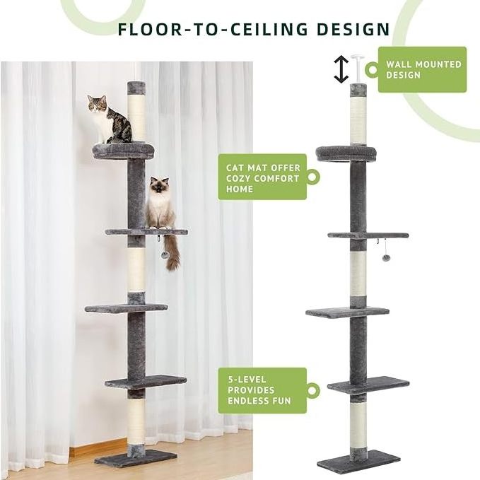 Floor to Ceiling Cat Tree Adjustable Height 5 Tiers Cat Tower Fit with Cat Condo Hammock and Sisal Post Scratcher for Indoor