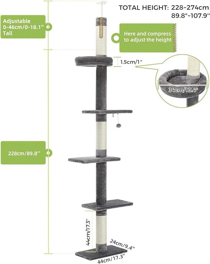 Floor to Ceiling Cat Tree Adjustable Height 5 Tiers Cat Tower Fit with Cat Condo Hammock and Sisal Post Scratcher for Indoor