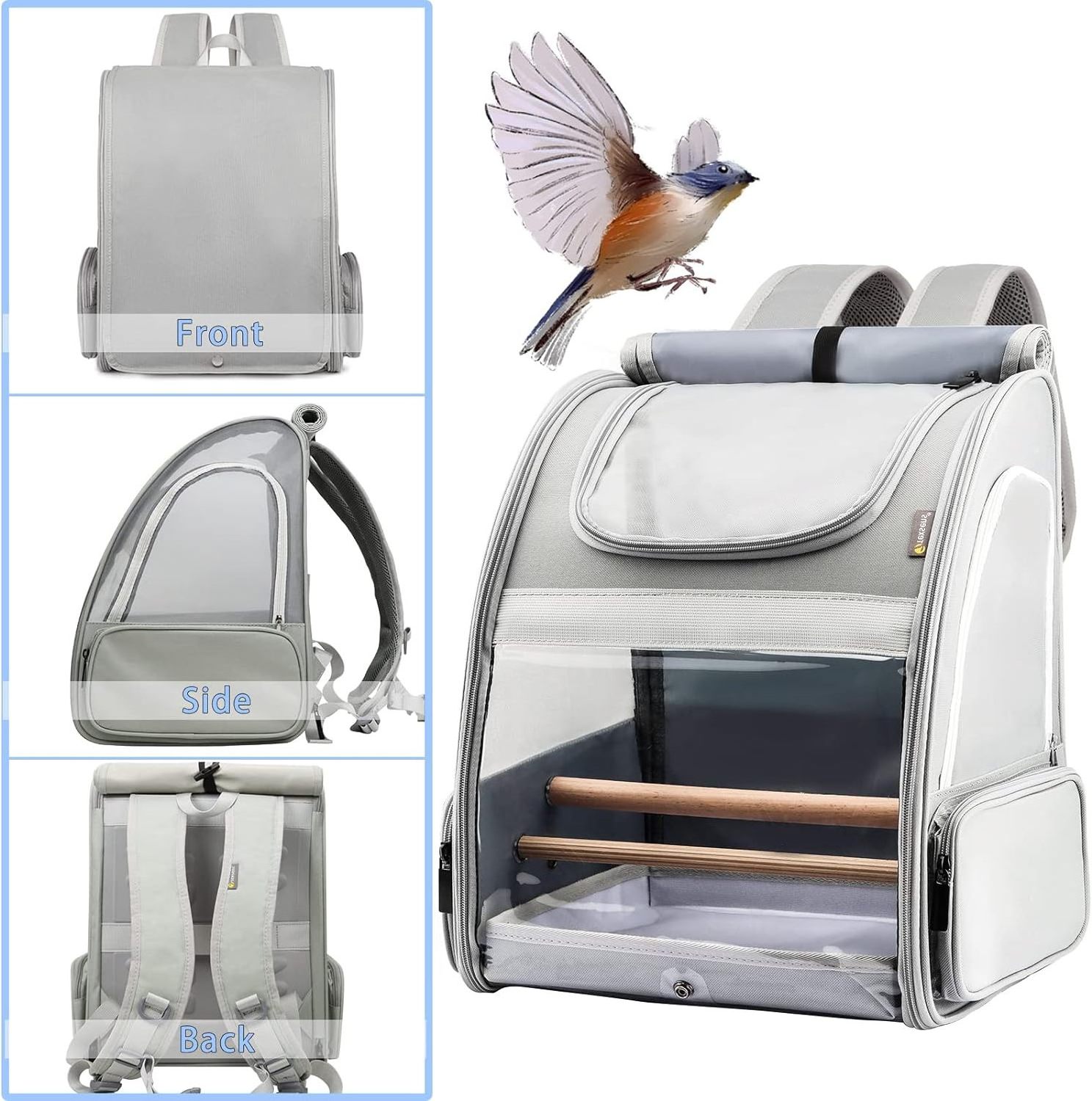 Light Gray Bird Carrier Backpack Breathable and Portable Pet Travel Cage Pet Bag for Small Birds Parrot