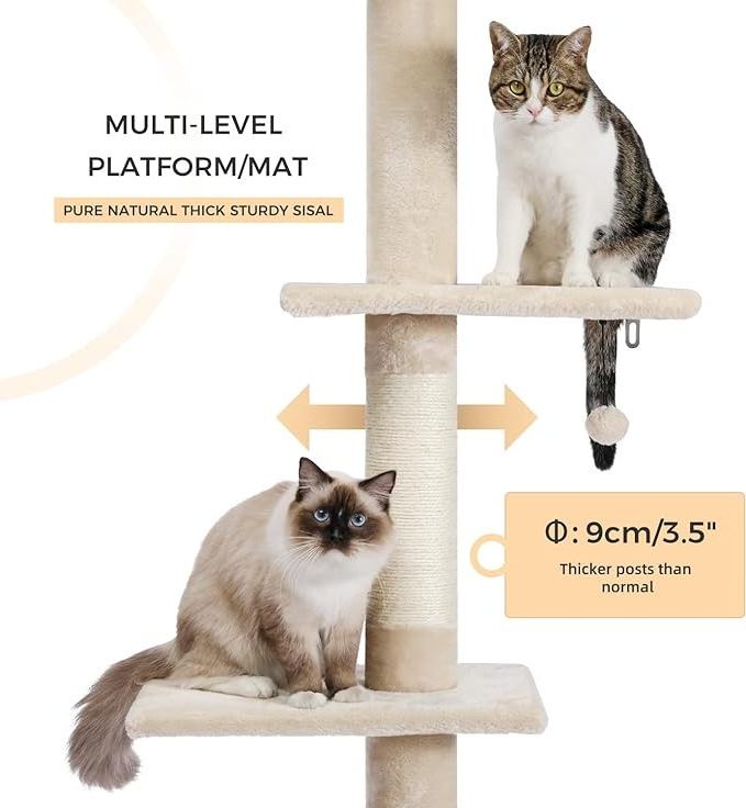 Cat Tower 5-Tier Floor to Ceiling Cat Tree Height Adjustable Tall Climbing Tree Featuring with Scratching Post