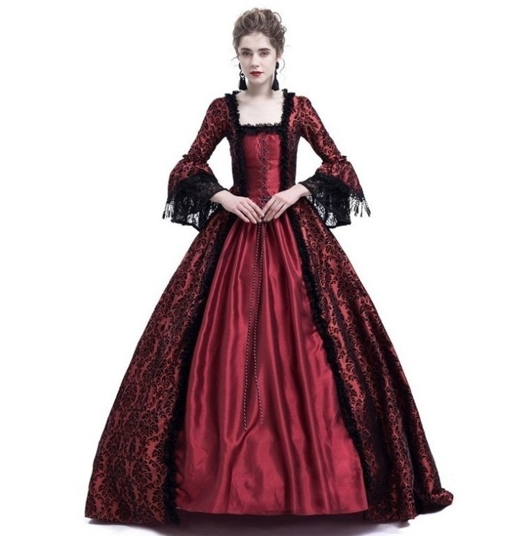 Women Full Length Party Stage Costumes Sleeves Sexy Gothic Medieval Princess Dress Vintage Prom Dress