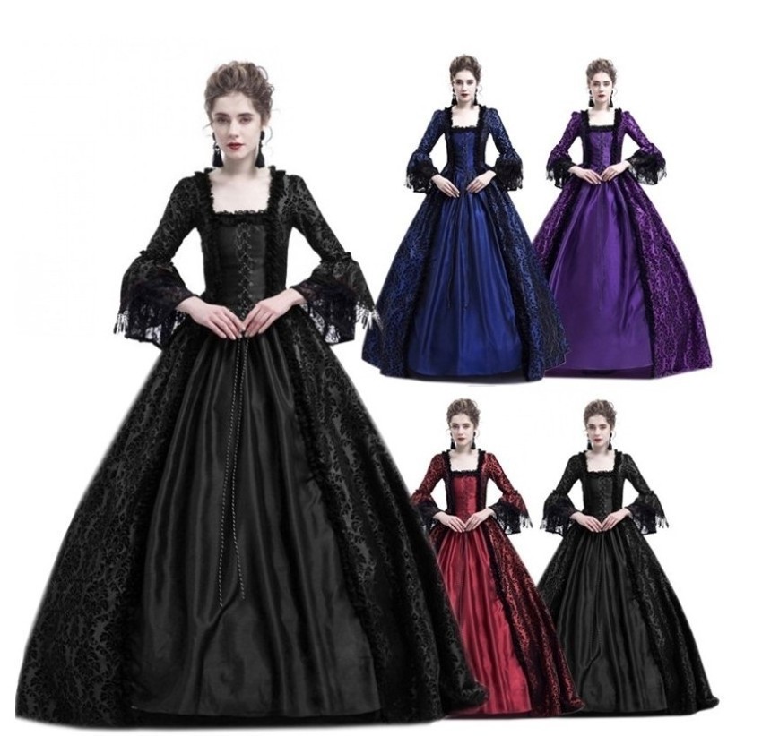 Women Full Length Party Stage Costumes Sleeves Sexy Gothic Medieval Princess Dress Vintage Prom Dress