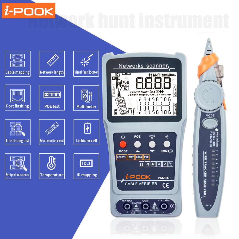 i-pook PK653C+ OEM ODM LCD  Tester Wire Tracker/Tracer RJ11 RJ45 Cable Toner Line Finder Ethernet LAN Network Cable Tester