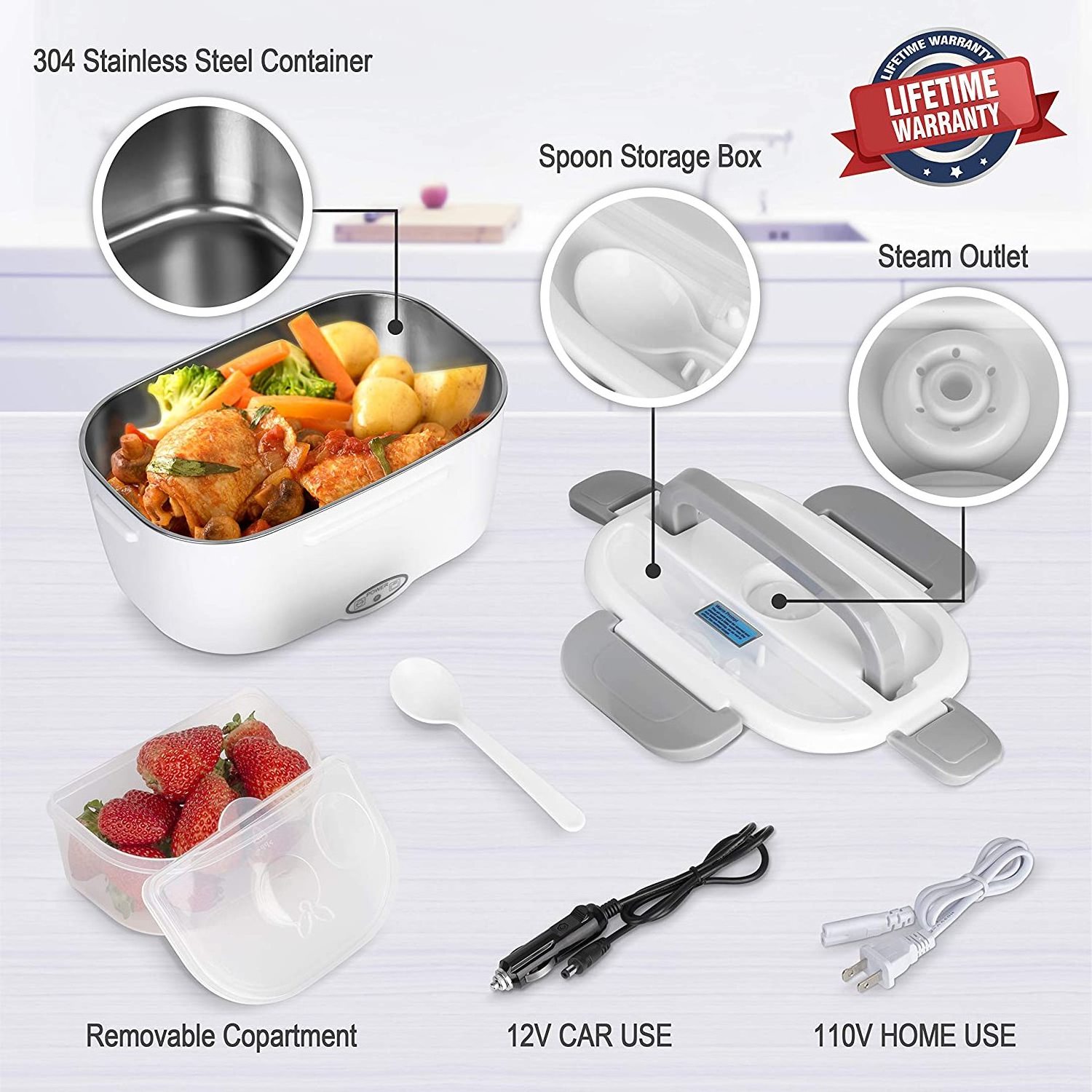 Hotsale 110v/12v Portable Tiffin Bento Food Heated Electric Lunch Box Stainless Steel