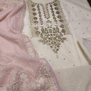 Hand Embroidered Beautiful Neck Of Mirror Work On Beige Banarsi Silk Dupatta Gota Latkan Hot Selling 2021