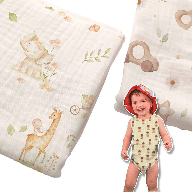 Custom designs 100% cotton Double Gauze muslin crinkle digital Print muslin 2 Layres Fabric for garments and swaddles