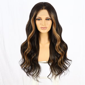 Cheap Middle Part Long Wave Front Lace Brown Mixed Blonde Ombre Wigs for Black Women Fiber Wigs Synthetic Highlight Hair Wig