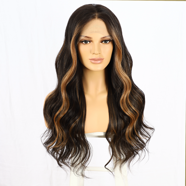 Cheap Middle Part Long Wave Front Lace Brown Mixed Blonde Ombre Wigs for Black Women Fiber Wigs Synthetic Highlight Hair Wig