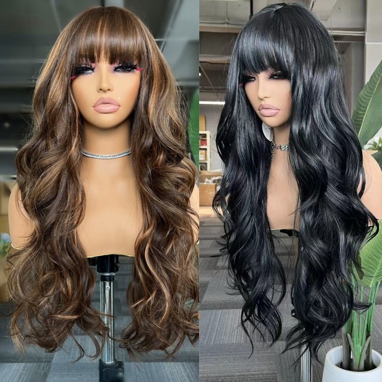 Wholesale 4/27 Wig With Bangs Long Brown Wigs For Women Layered Heat Resistant Soft Synthetic Wigs Glueless Density 150%