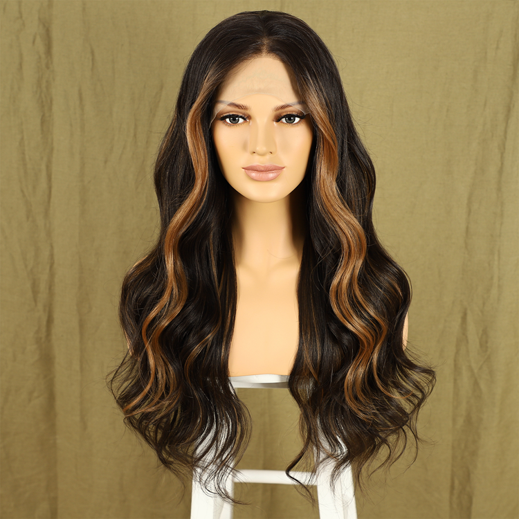 Cheap Middle Part Long Wave Front Lace Brown Mixed Blonde Ombre Wigs for Black Women Fiber Wigs Synthetic Highlight Hair Wig