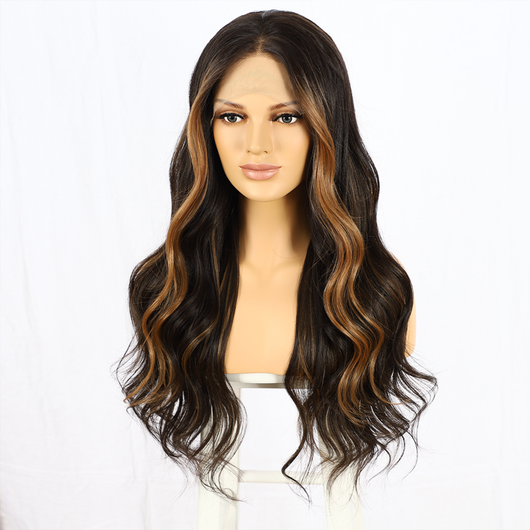 Cheap Middle Part Long Wave Front Lace Brown Mixed Blonde Ombre Wigs for Black Women Fiber Wigs Synthetic Highlight Hair Wig