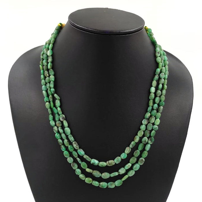 Pure Emerald smooth nugget Beads necklace 3 Layered Handmade Gemstone Beaded Statement Boho Natural Stone beads Chunky Necklace