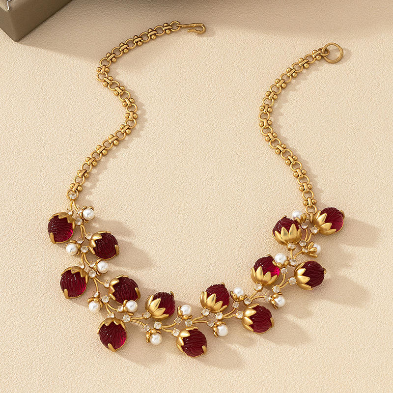 18k Gold plated Zircon Pendant Pearl Stainless Steel Jewelry Set Fashion Luxury Flowers necklace