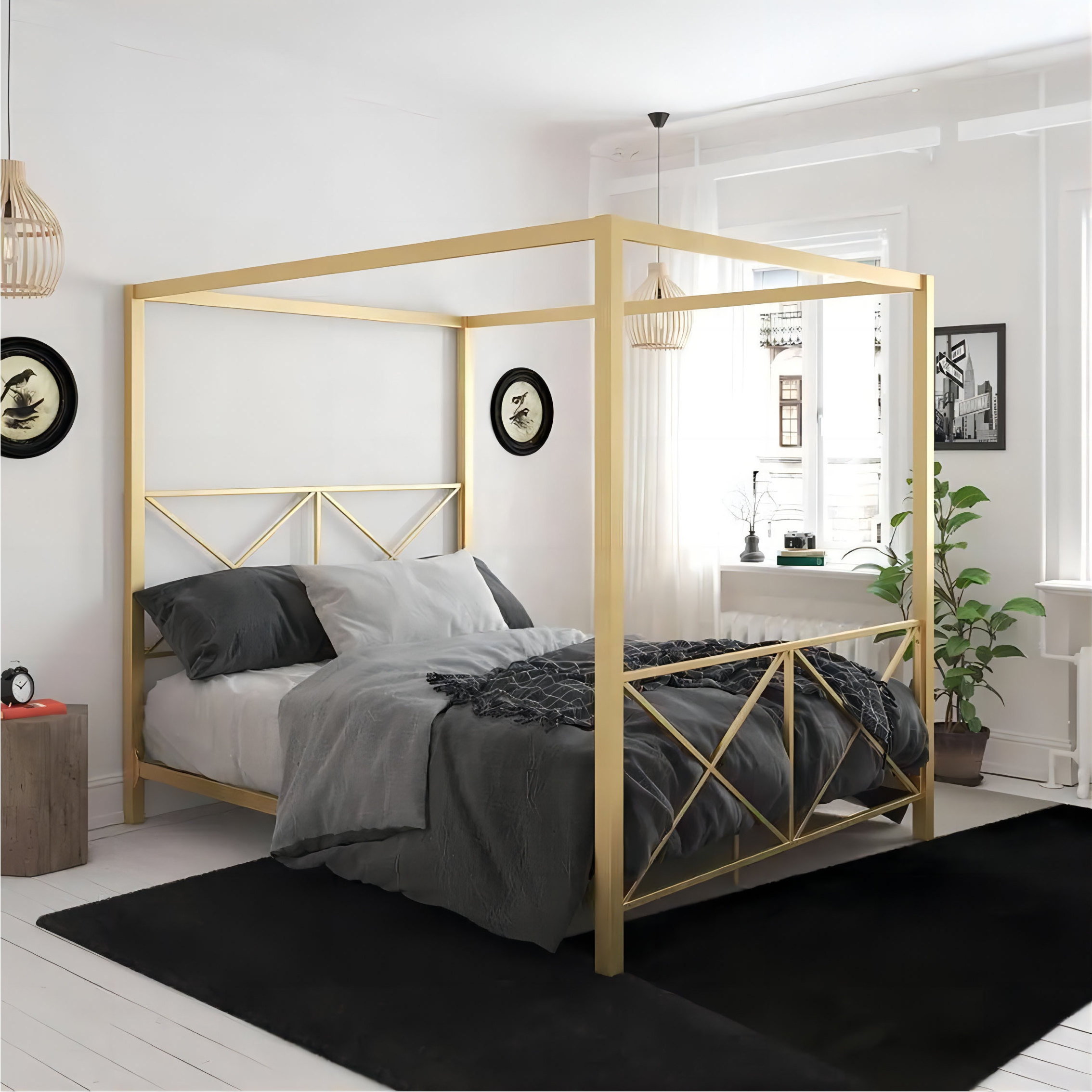 Modern simple  design Wrought iron Customized size Bedroom furniture bed Four poster Black Mosquito net Metal canopy bed