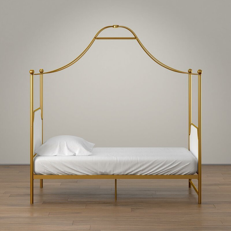 Luxury Queen King Twin Modern 4 Poster Bed with Upholstered Headboard Gold Canopy Bed Frame