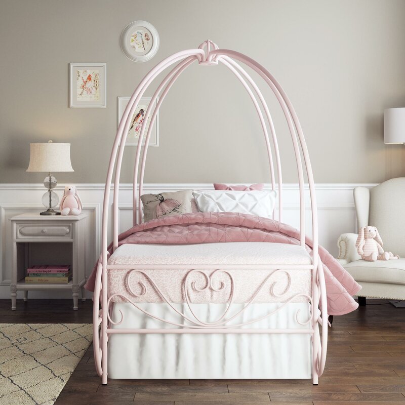 Pink Princess Pumpkin Style Children Beds Wrought Iron Metal Twin Carriage Kids' Beds