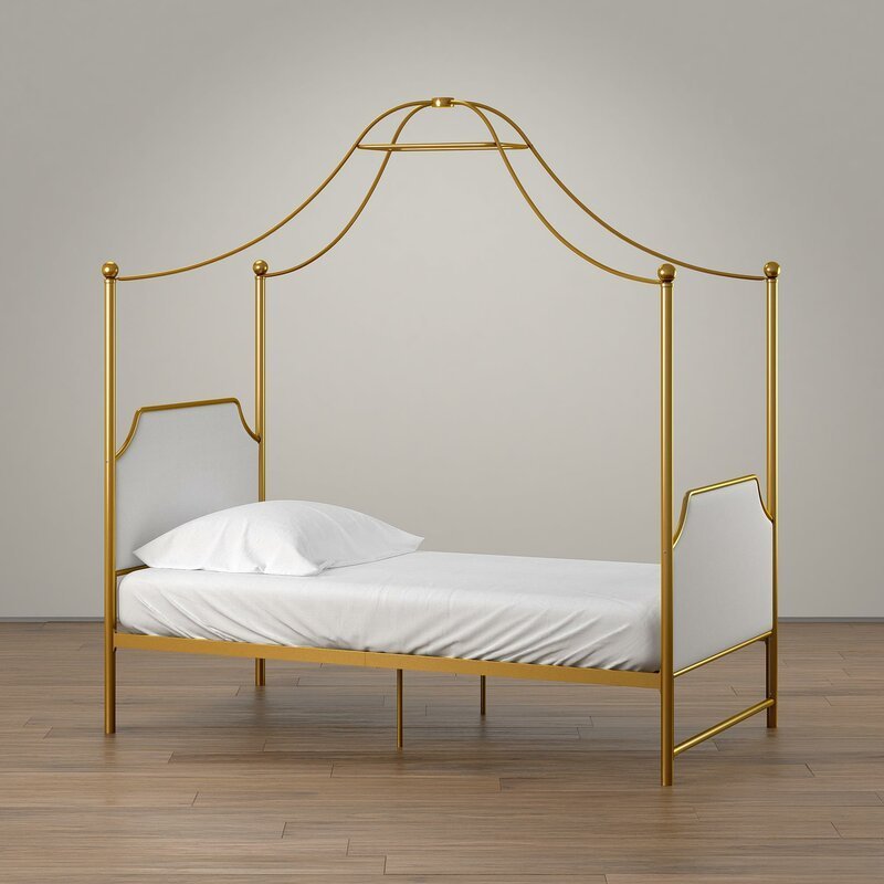 Luxury Queen King Twin Modern 4 Poster Bed with Upholstered Headboard Gold Canopy Bed Frame