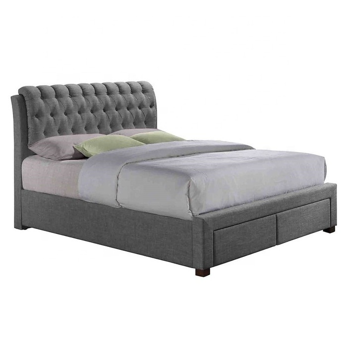 Chic grey high platform King size bed modern fabric polyester upholstered storage beds with drawer