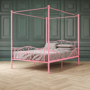 2021 new arrivals factory direct four poster pink luxury twin full size metal canopy bed for kids